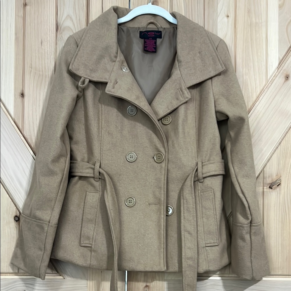 Tan Double-Breasted Pea Coat with Notched Lapel